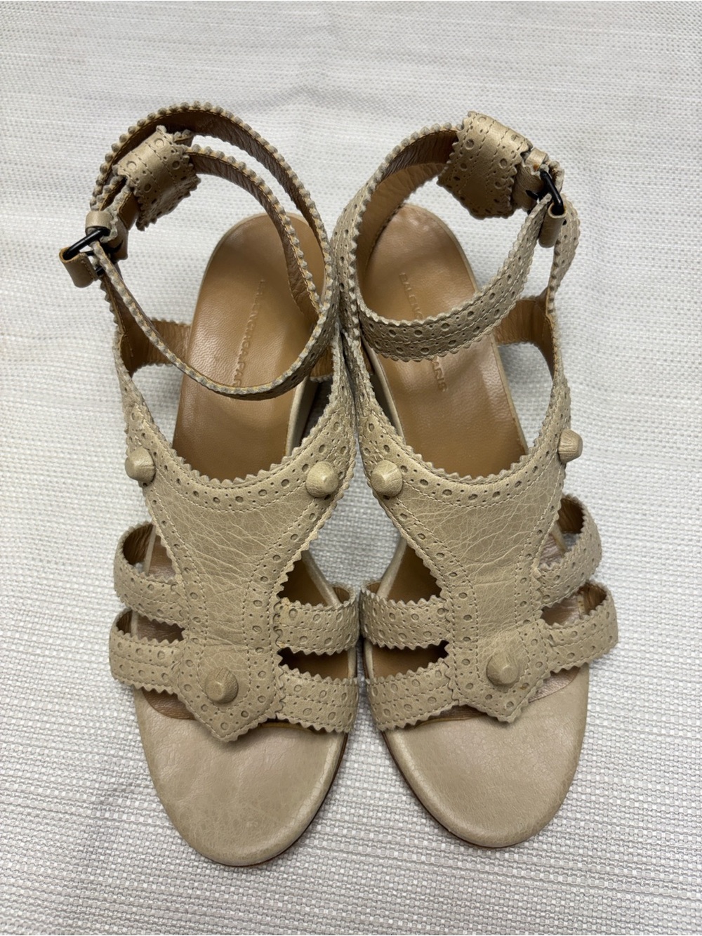 Balenciaga Beige Leather Scalloped Strappy Heels